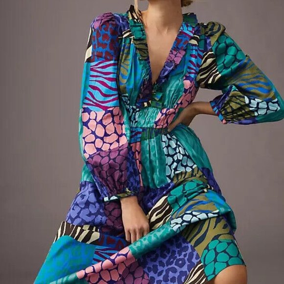 Anthropologie Geisha Designs L NWT Patchwork Maxi Dress Animal Print Long Sleeve - Picture 8 of 8